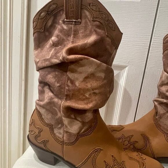 DIESEL BOOTS LEATHER/CANVAS  WESTERN COWGIRL RODEO SZ 8 RUGGED RARE ICONIC - Picture 9 of 12